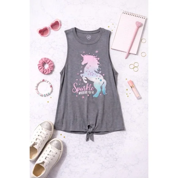 Girls Unicorn Sparkle Tank Top XL 14-16 Gray Racerback Sleeveless Shirt - Picture 1 of 8